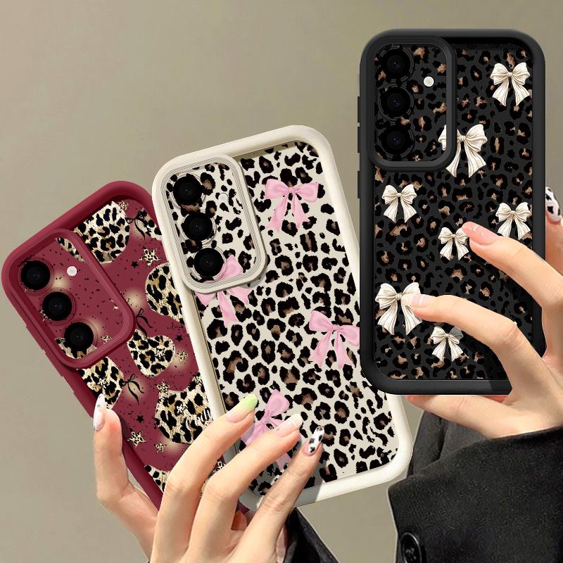 Bowknots Leopard Case For Samsung Galaxy A57 A37 A27 A17 5G A56 A36 A26 A16 A55 A54 S21 FE S22 S23 S24 Plus S25 S26 Ultra Shockproof Bumper Cover