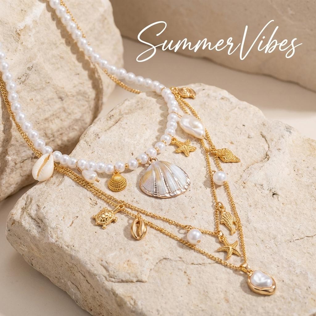 Boho Shell Starfish Conch Simulated Pearl Necklace Set 3Pcs Summer Beach Choker For Women Vacation Jewelry