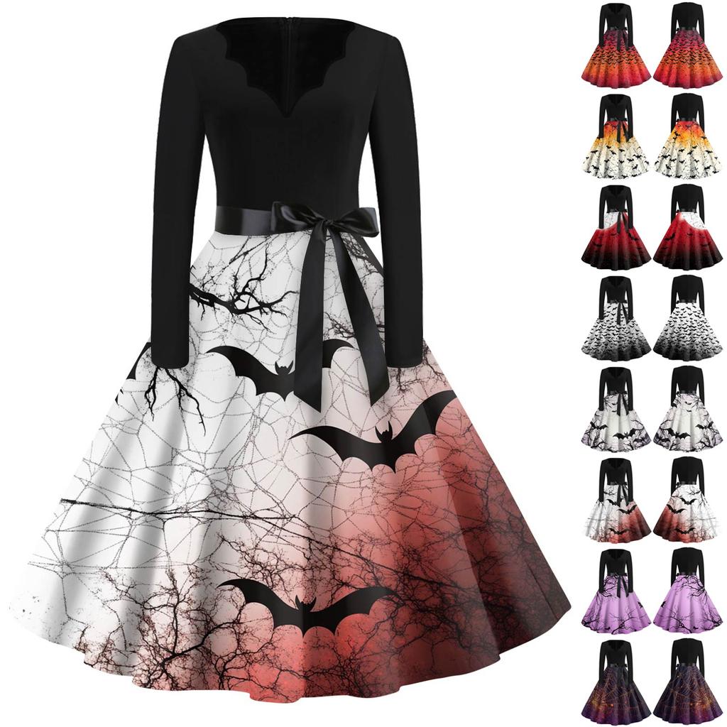 Dámské módní šaty s V-výstřihem, ležérního střihu, slim fit, s halloweenským potiskem, s dlouhým rukávem