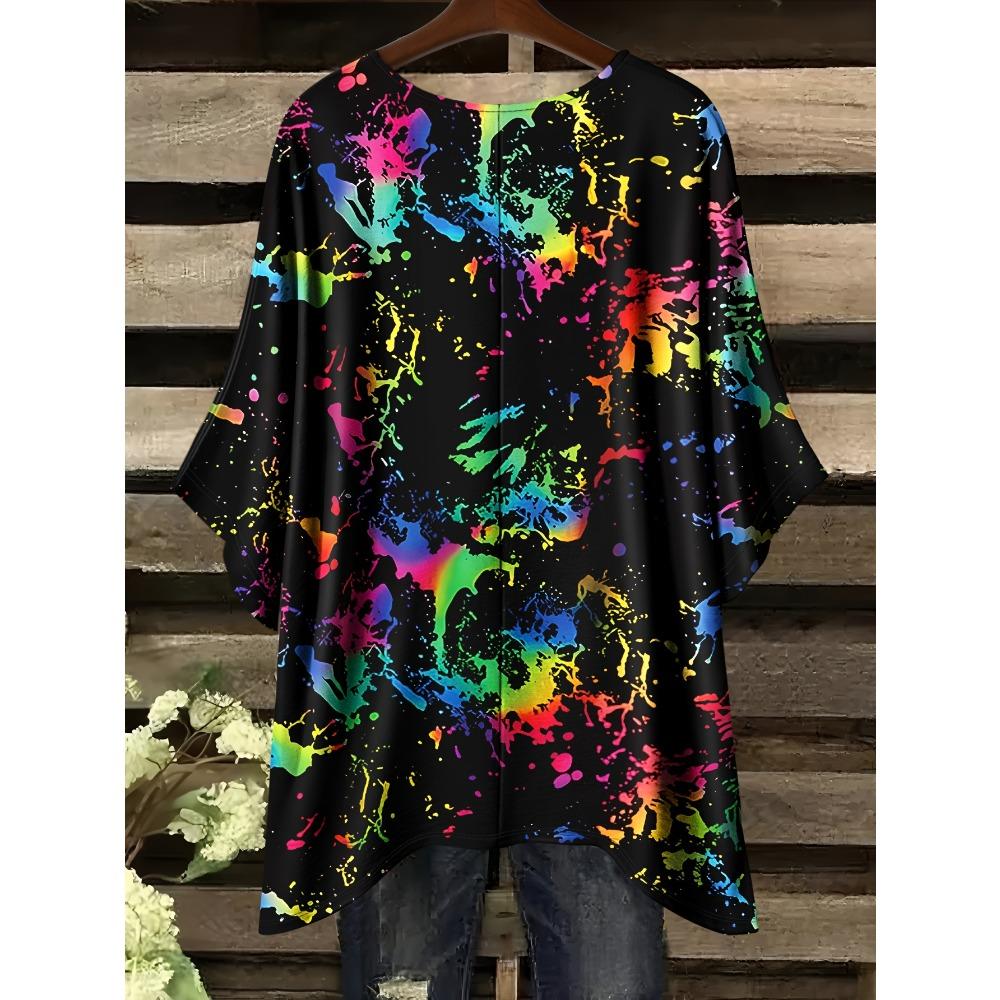 Elegant Bohemian Vacation Large Size Dark Color Printed Irregular Hoop Crew Neck T-Shirt