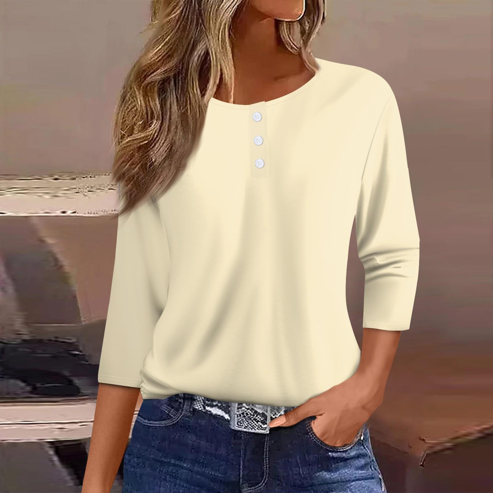 

Жен. Футболка Футболка с принтом Пуговицы Рукав 3/4 Повседневные Выходные Мода Классический Круглый вырез Обычный Топ L бежевый
