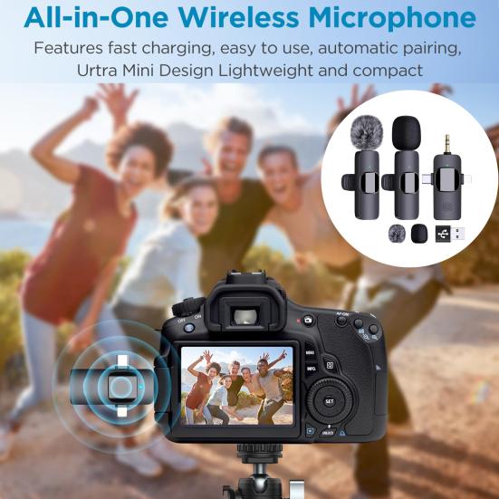 Wireless Lavalier Microphones Highly Sensitive Clear Sound Intelligent Noise Reduction Universal Wireless Clip-On Microphones Set