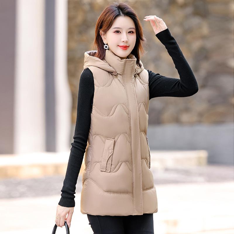 

Down cotton vest women s autumn and winter new thickened hooded outer wear medium and long women s vest vest jacket XXXL хаки
