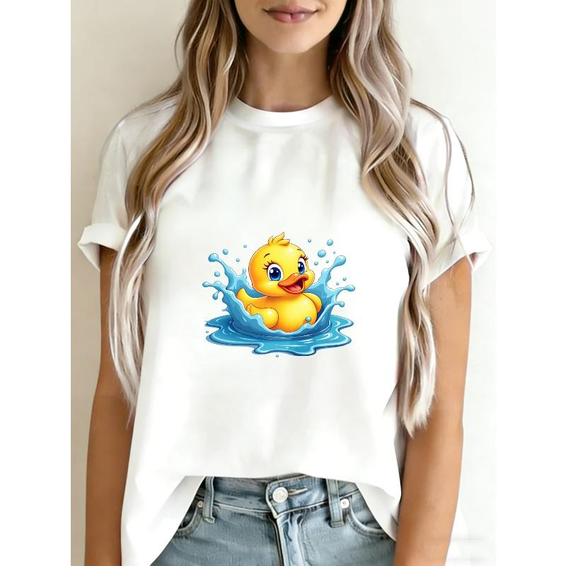 Camiseta de Pato Fofo Branca Desenho Animado Pato Amarelo com Design de Salpicos de Água Para Uso Casual Roupa de Verão Moda Feminina Top
