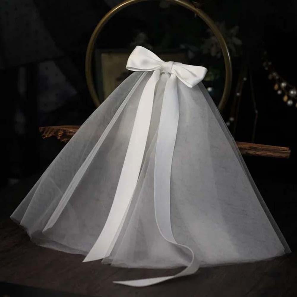 Șal Articol de Acoperit Cap Alb Mireasă Romantic Articol de Acoperit Cap de Mireasă Voal Frumos cu Fundă Lungă din Satin Biserică