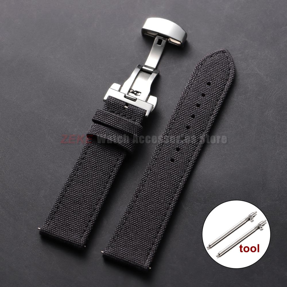 

20mm 22mm Sailcloth Nylon Watch Strap for Seiko for Omega Business Butterfly Buckle Waterproof Men Women Quick Release Watchband 22mm чорний