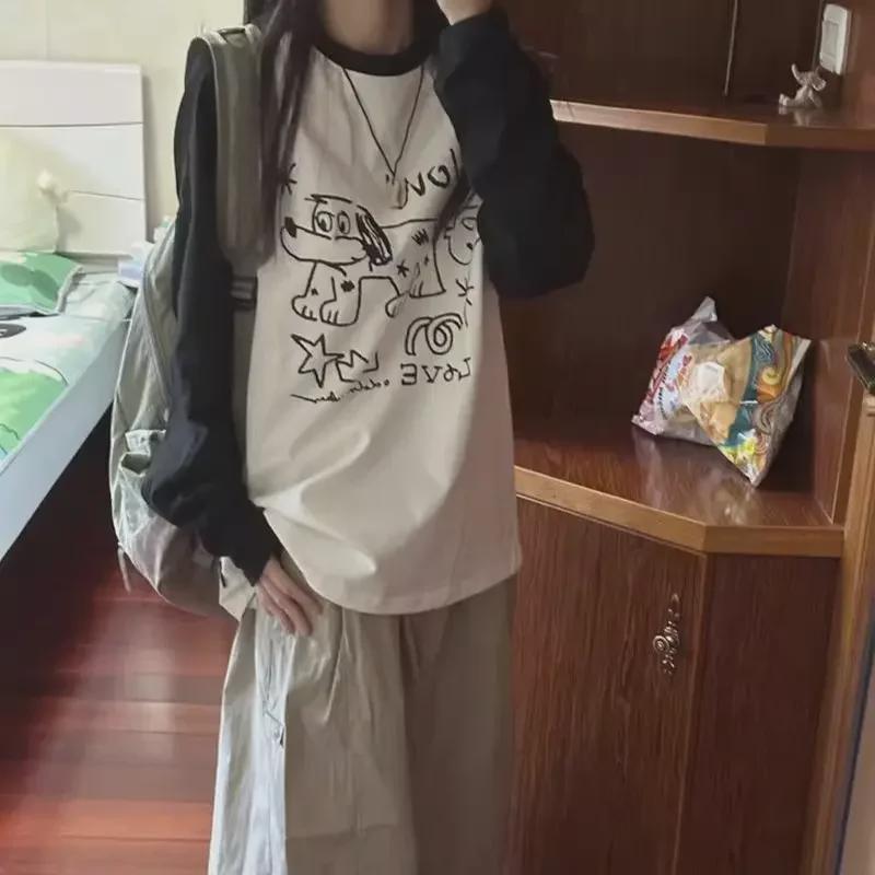 T-shirt décontracté à manches longues pour femmes, coréen, coutures contrastées, noir et blanc, ample