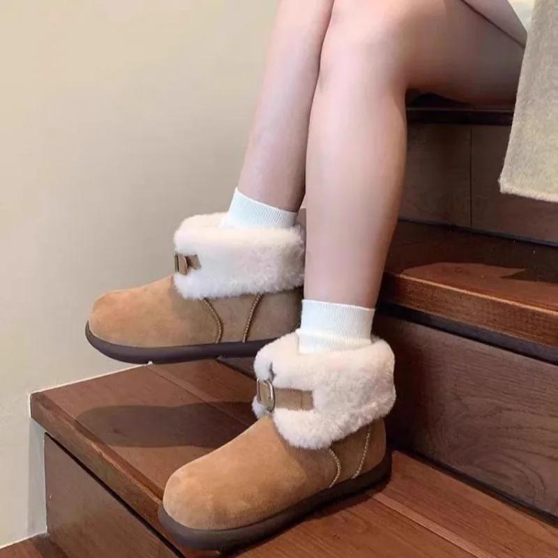Women's Fashion Flat Cotton Boots Winter New Round Head Suede Metal Buckle Anti-slip Wear-resistant Short Boots