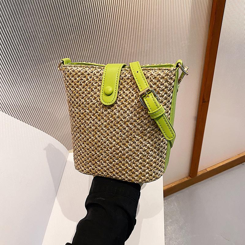 Patchwork Design Straw Shoulder Bags for Women Summer Vacati Ladies Bucket Crossbody Bag Ctrast Color Female Beach Handbags