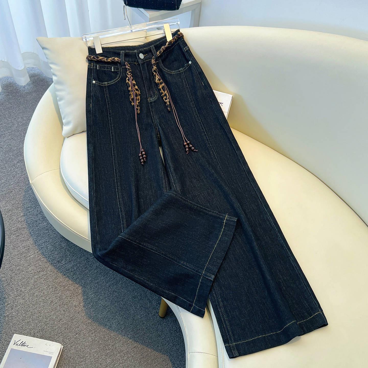 2026 Spring Women s Black & Gold Leopard Print Wide-Leg Jeans S