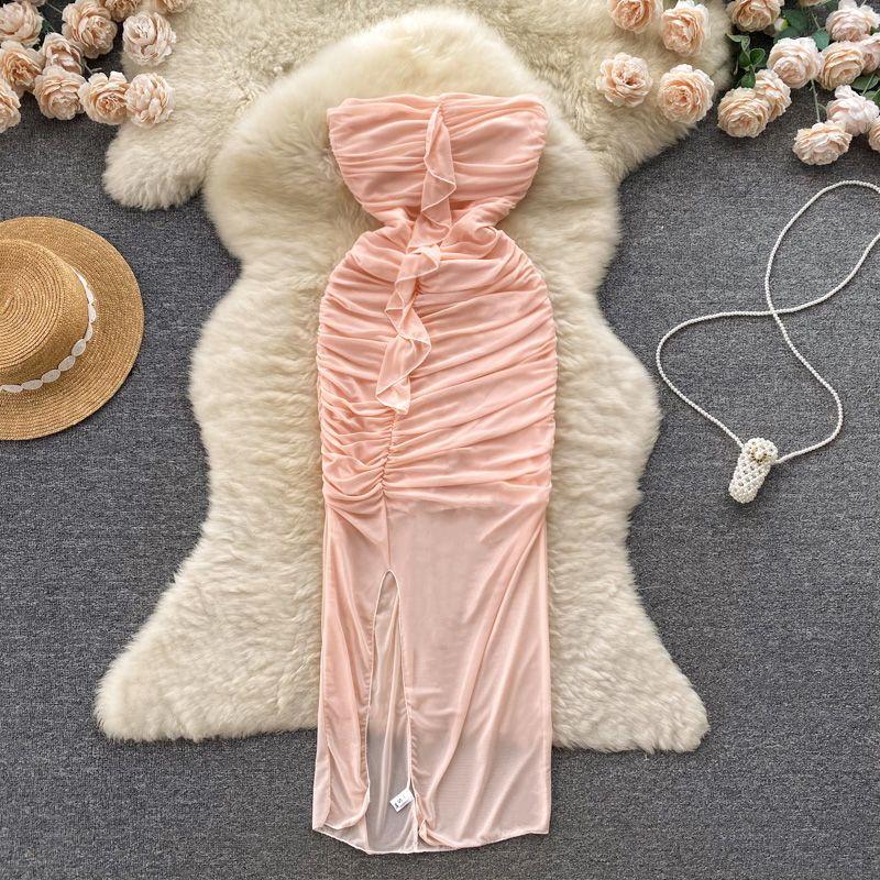 

Ruched Dress Women s Summer Split Tulle Silm Tube Top Pink M
