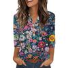 Ladies' Fashionable And Casual Floral Printed Three-quarter Sleeve Loose V-neck Button Shirt