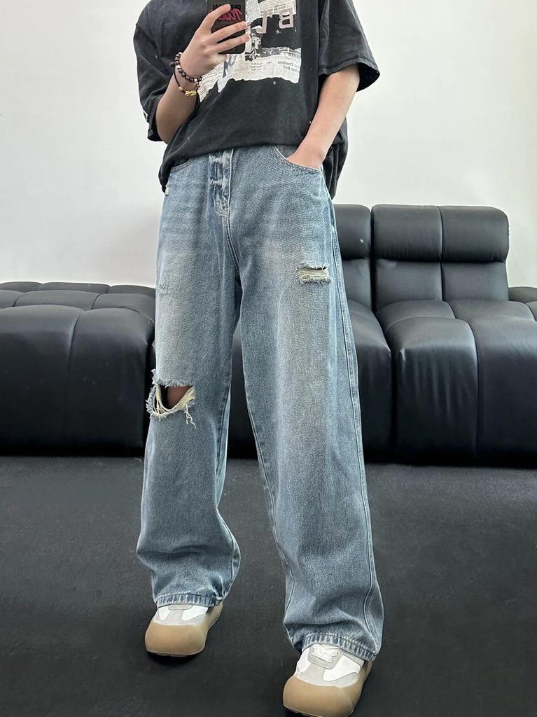 Women's old trendy brand ripped American loose washed retro versatile jeans straight jeans men's wide-leg trousers summer