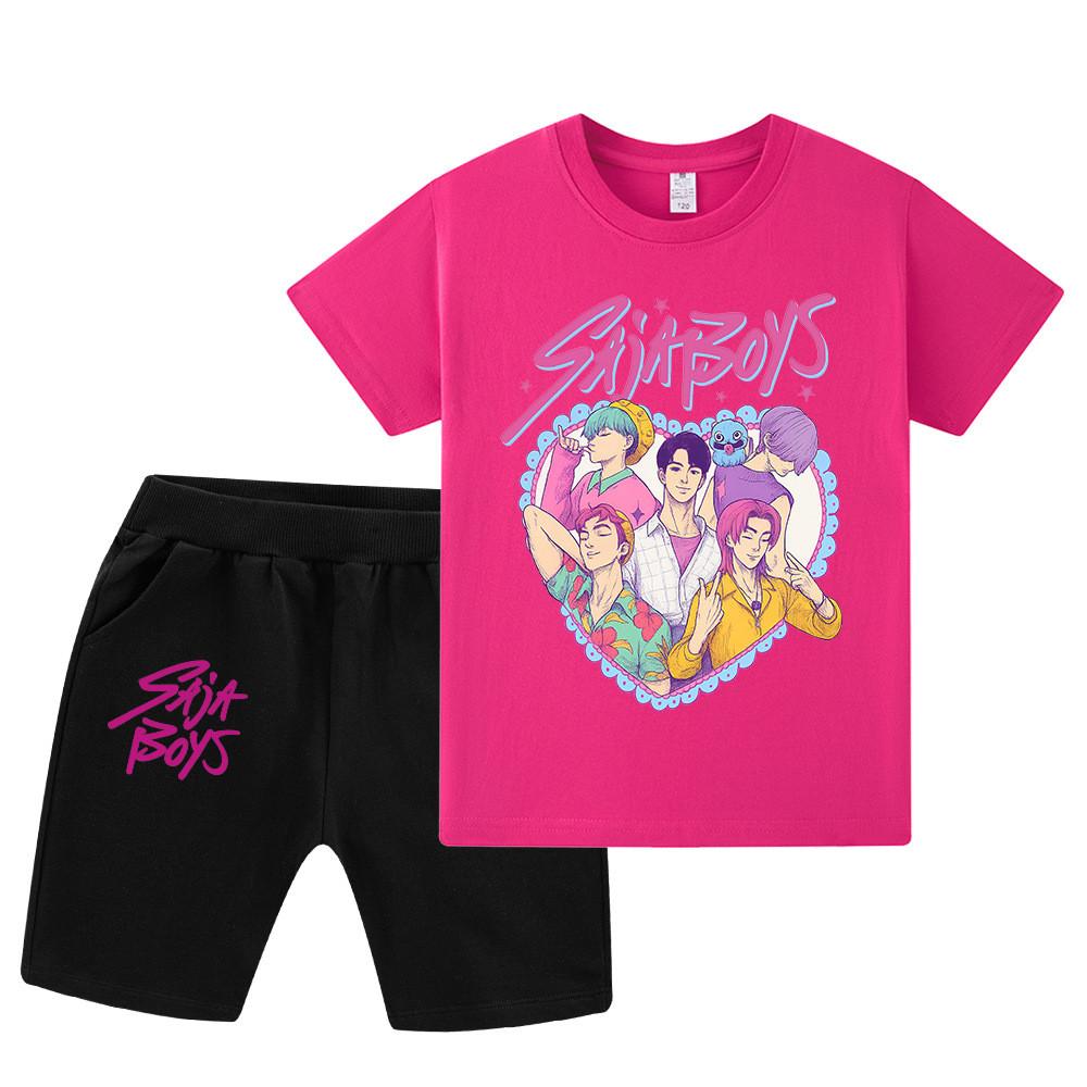 

WA1212 Kids Boys Girls Kpop Rumi Zoey Mira Sajaboys Print Short Sleeves T-shirt Shorts Pants Sets 140cm рожевий червоний колір