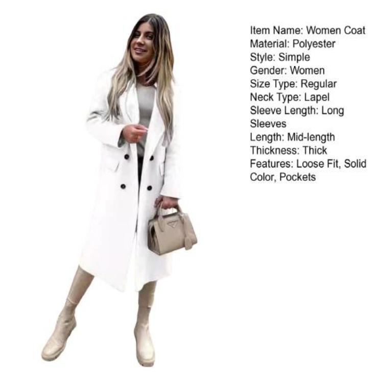 Winter Long Sleeve Women Overcoat Solid Color Lapel Button Design Mid Length Coat with Pockets Outerwear