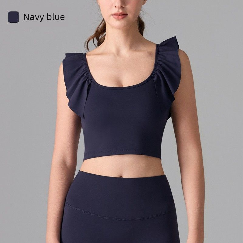 

Foreign Trade Fashion Sports Bra Integrated Fixed Cup Short sleeve T-shirt Lace Gathered Vest Slimming Yoga Workout Clothes Navy blue M