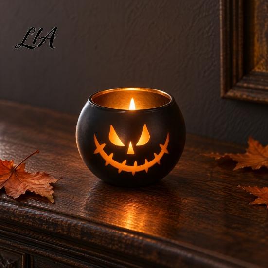 Funny Shadow Projector Halloween Pumpkin Glass Candle Holder, Iron Art Tealight Lantern for Tabletop Window Indoor Decorative Votives And Fireplace