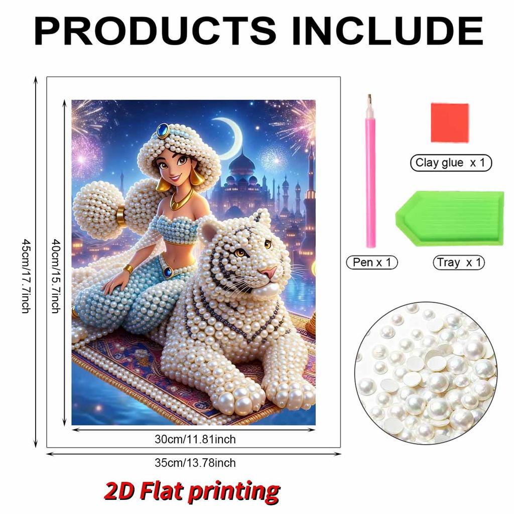 Jasmine Serie Perlmutt-Effekt Rahmenlose Kunst | Mondbeschienenes Schloss & Weißer Tiger Feuerwerk Exotische Atmosphärische Wandkunst für Zeitgenössische Wohnkultur