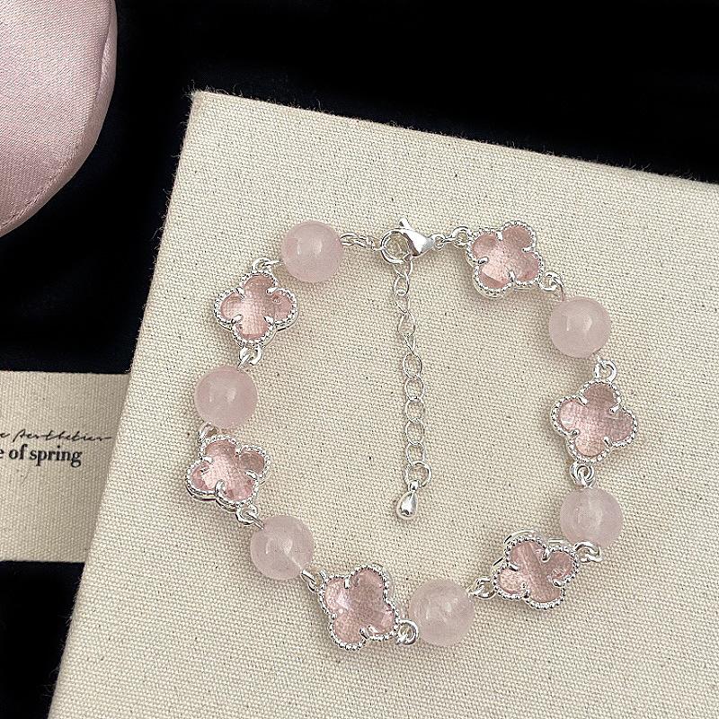 Pink Four-leaf Flower Bracelet Freshwater Pearl Natural Crystal Bracelet, Sweet Internet Celebrity Small Fragrance Citrine Bracelet.