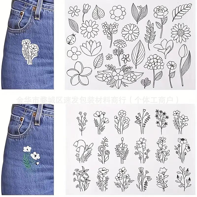 Stickstich Stickvlies Transferpapier mit vorgedrucktem Muster Wasserlöslich Auswaschbar Handnähnadel Faden Set