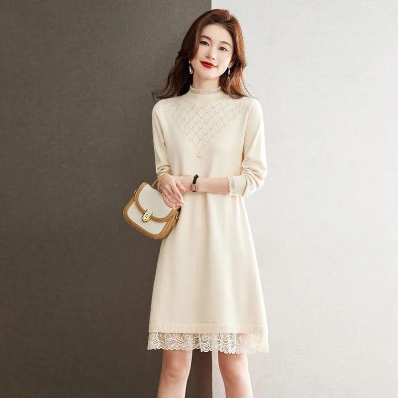 Lace Knitted Dress for Women In Autumn and Winter Large-sized Half Turtleneck Knitted Sweater Loose Mid-length Sweater Dress