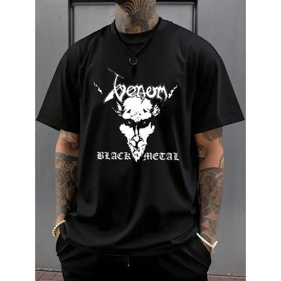 Taglie Europee T-shirt da Uomo Nera con Grafica Teschio in Metallo - Maglietta Casual Estiva con Stampa "Black Metal", Manica Corta, Girocollo