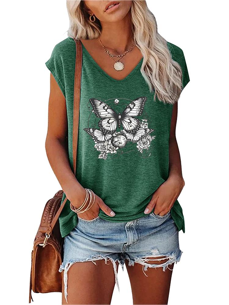 Women Fashion V Neck Printed T-shirt Summer Casual Short Sleeve Top