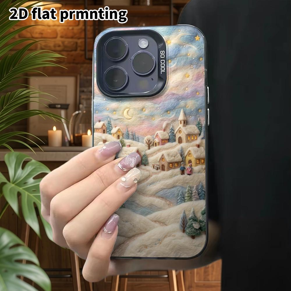 Phone Case: 2D Flat Design Suitable for iPhone 18, 17, 16, 15, 14, 13 Pro, Color Silver Protective Case, Couple Style, Winter Town, Christmas and Hall