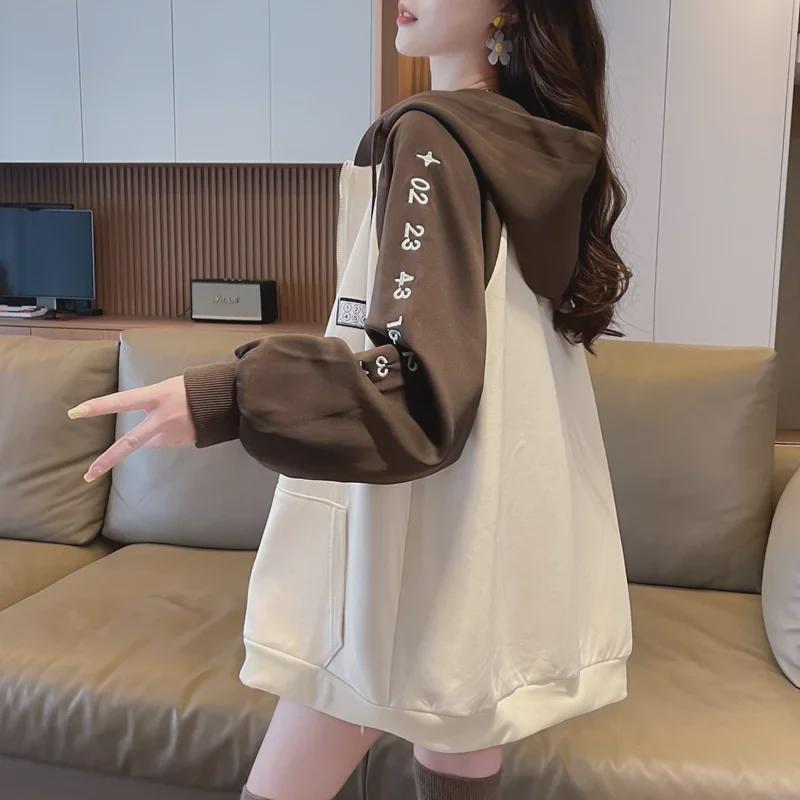 Women's Contrast Color Hooded Sweatshirt - Spring/Fall 2025, Thickened Velvet, American Style Zip-Up Cardigan
