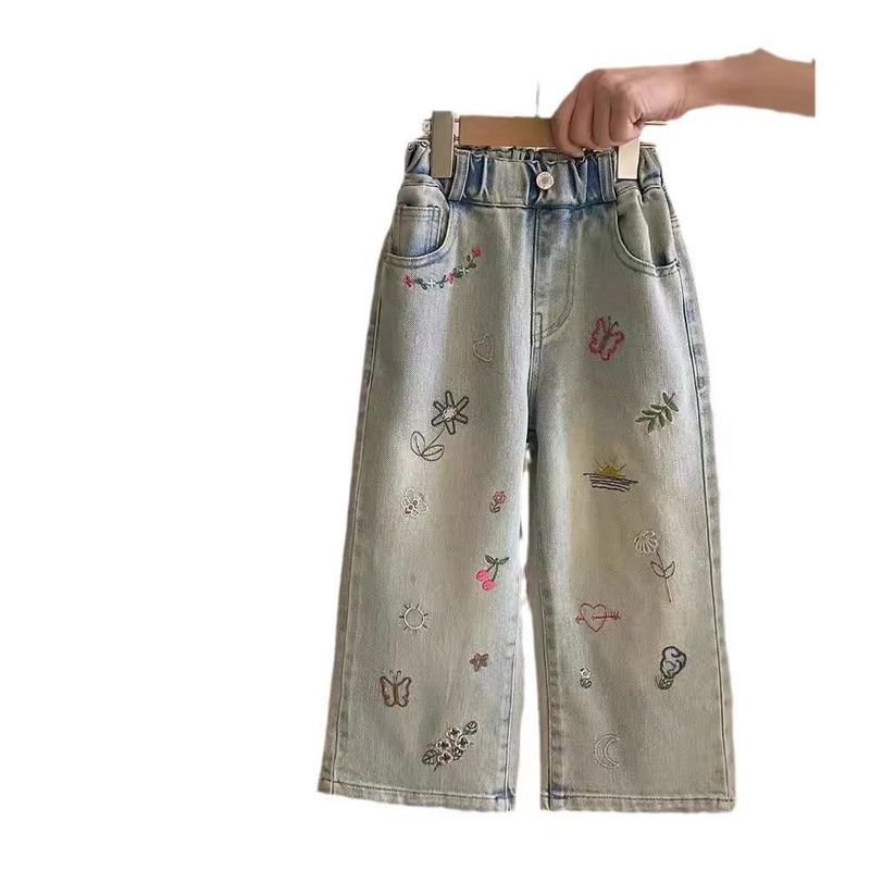 In-Stock Girls' Spring and Summer Embroidered Jeans, Korean Style, Fashionable Embroidered Loose Straight-Leg Casual Pants for Girls