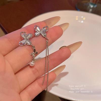 Asymmetrical S925 Silver Butterfly Tassel Earrings with Cat's Eye Stone and Pearl for Women