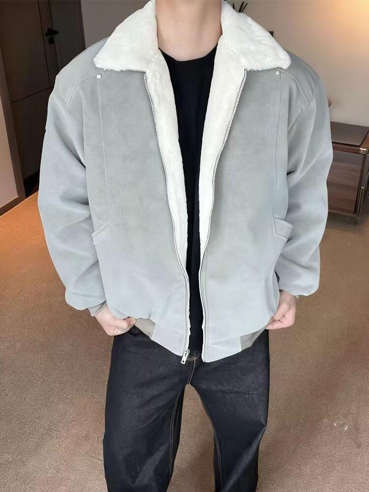 

Men s Winter Lambswool & PU Leather Jacket - Thick Warm American Style Coat L сірий колір