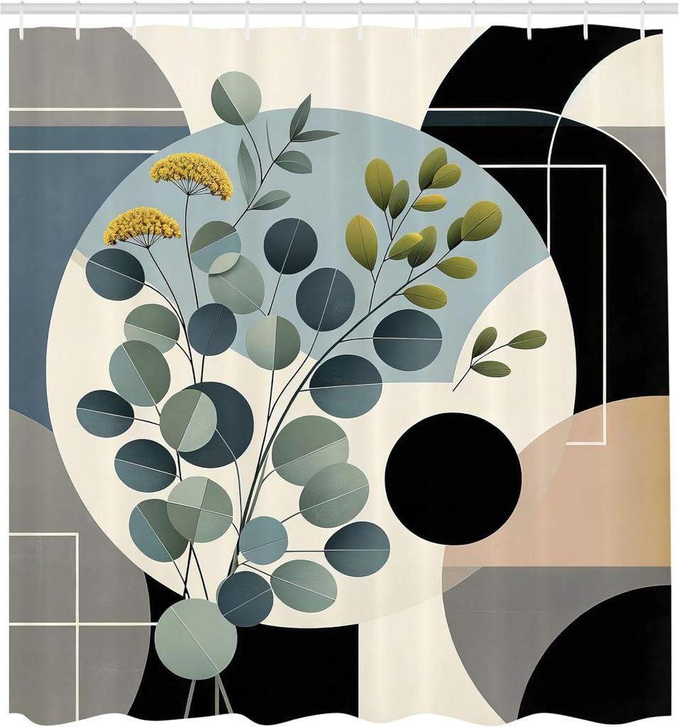 Eucalyptus Leaves Shower Curtain, Mid Century Modern Concept Botanical Motif in Cold Colors, Cloth Fabric Bathroom Dec