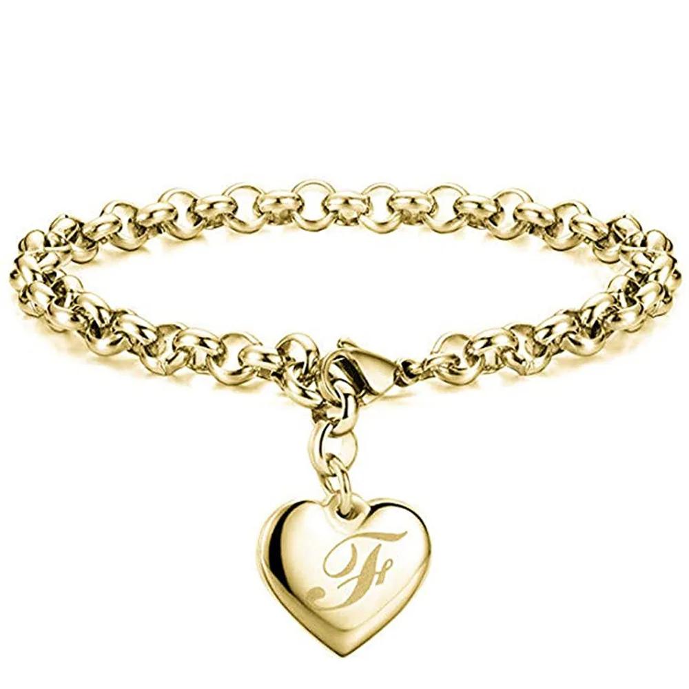1 StückNeuer Goldfarbener Initialbuchstabe Herzanhänger Armbänder Für Frauen Edelstahl Gliederkettenarmband Mit 26 Buchstaben Graviert