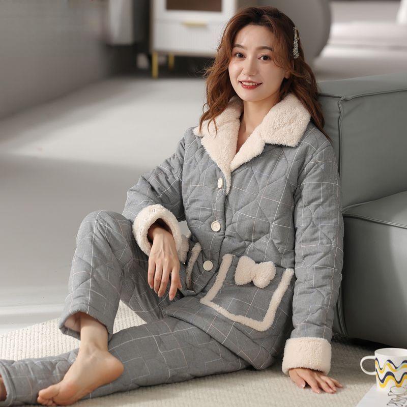 Bunda Pyžamo Dámské Zimní Třívrstvé Teplé Plyšové Zahuštěné Domácí Oblečení Neformální Středního Věku Mladé Pyžamo Set