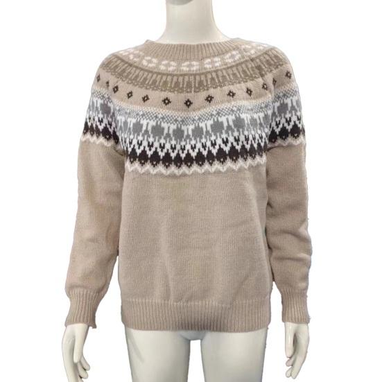 Women Sweater Round Neck Long Sleeve Patchwork Color Knitting Tops Loose Hem Printed Knitwear Winter Wear