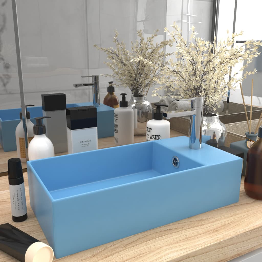 Bathroom Washbasin with Overflow Matte Ceramic Light Blue