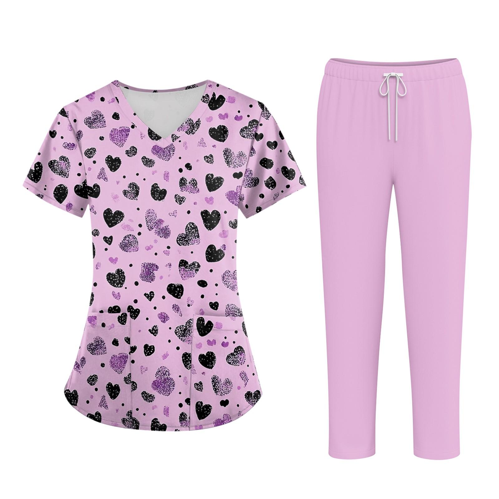 

Плюс размерСкраб с принтом Рабочая форма Топы для женщин Крест V-образным вырезом Хэллоуин Принт с короткими рукавами Забавные футболки Спецодежда Футболка с карманами S розовый