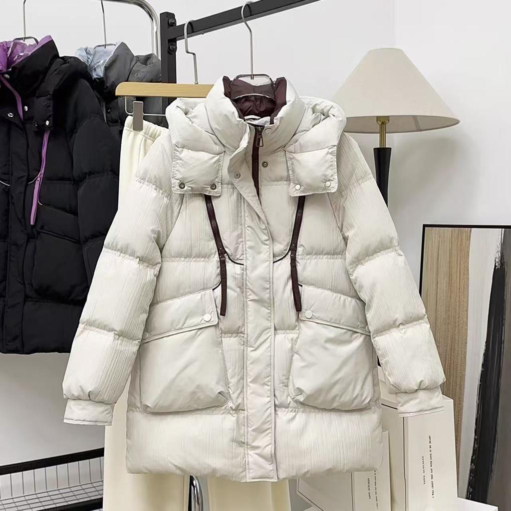 Trendy Brand Contrasting Color White Duck Down Medium and Long Down Jacket Women's Winter Fashion Hooded Thickened Foreign Jacket Burst
