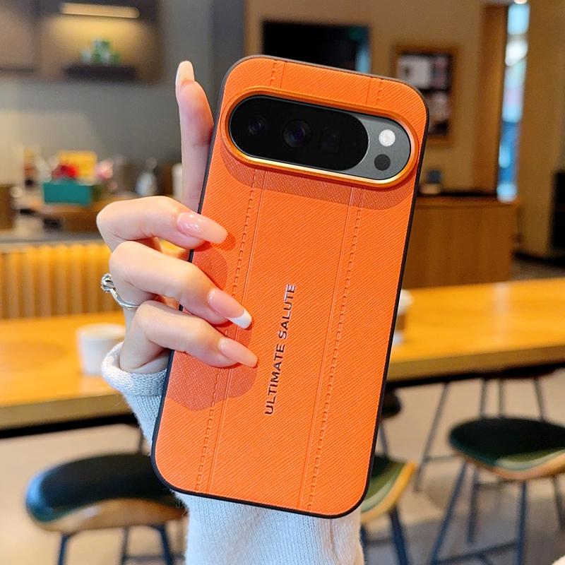 Luxury Cross Texture Leather Design Case For Google Pixel 10 9 10A 9A Pro XL Slim Orange Camera Ring Shockproof Case Cover