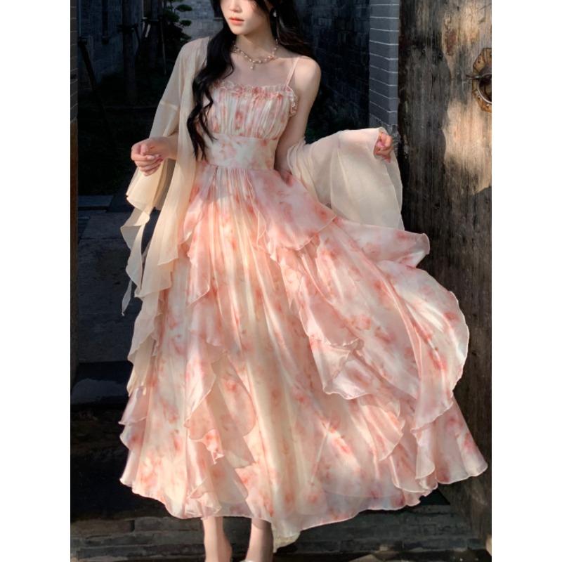 2-teilige Kleider-Sets Damen Elegant Chiffon Sommer Lässig Dünne Trägerkleid + Fee Strickjacke Vintage Anzug Auch Party