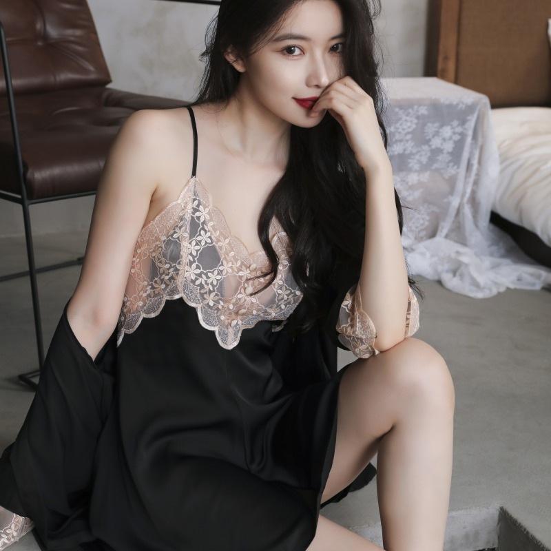 Sexy pajamas women's ice silk thin summer with chest pad lace suspender nightdress two-piece loungewear available