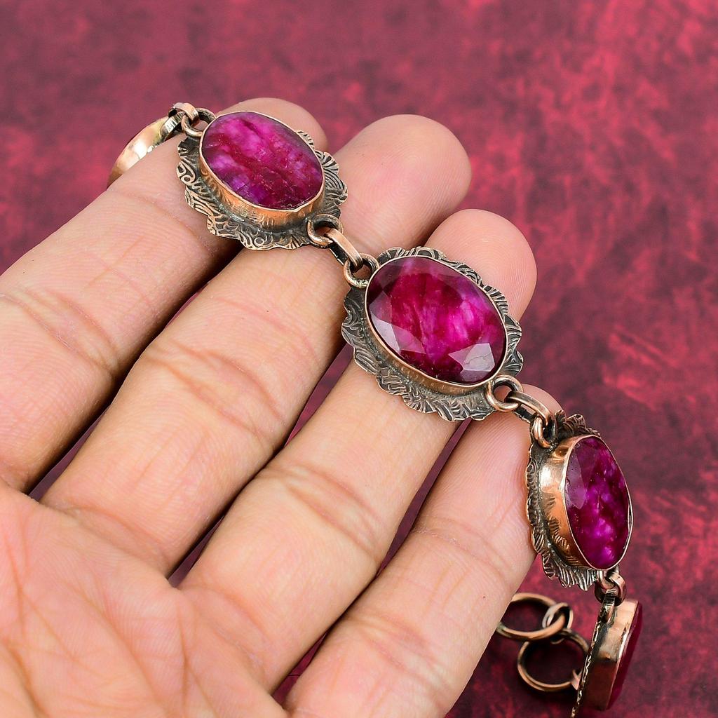 Faceted Kashmir Ruby Bracelet Copper Bracelet Genuine Gemstone Jewelry Adjustable Chain Bracelet Wonderful Copper Jewelry Handmade Bracelets