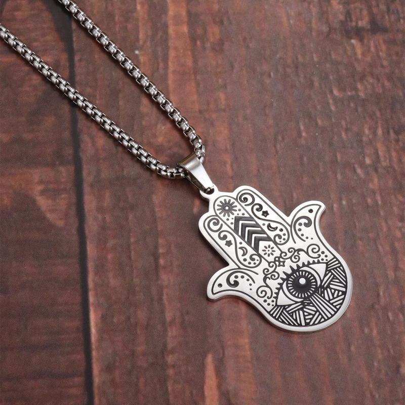 Muslim Moon Goddess Fatima Right Hand Pendant Evil Eye Mary Hand Stainless Steel Necklace
