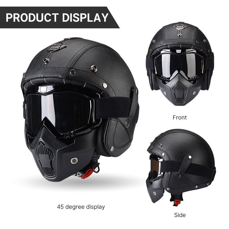Newest Black Leather Open Face Motorcycle Helmet With Mask Scooter Riding Caque Classic Electric Motorbike Jet Cascos Para Moto