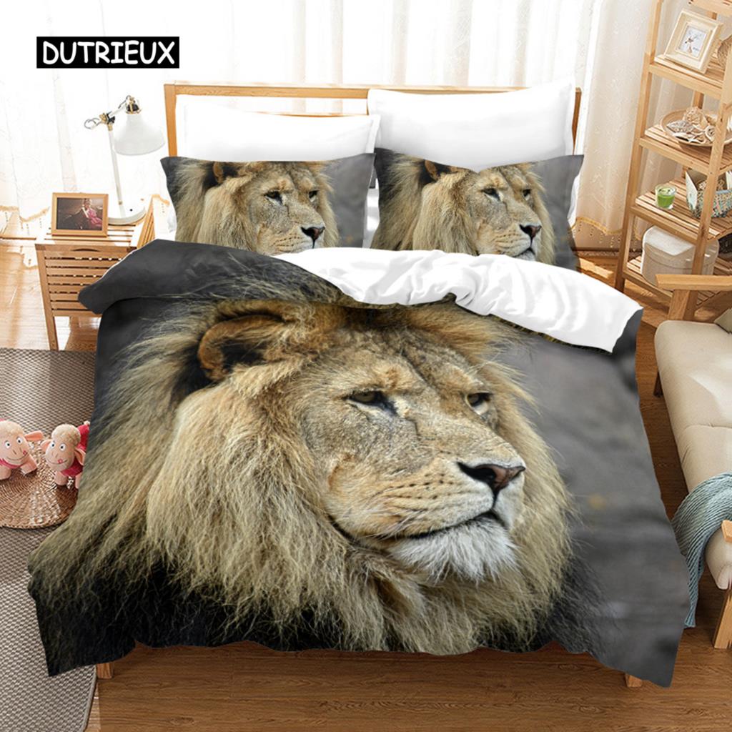Lion Duvet Cover 3D African Wildlife Bedding Set for Kids Girls Soft Microfiber Quilt Cover with Zipper Closure