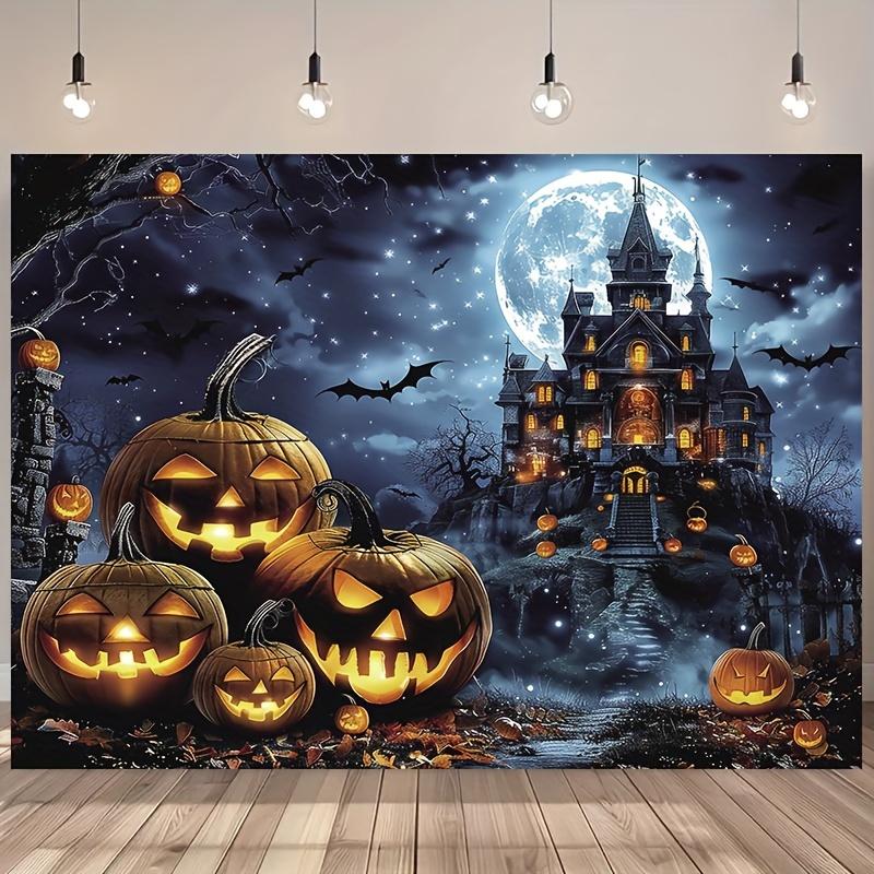 2D flat banner 1pc sinister castle under the full moon and pumpkin lanterns.PMJ