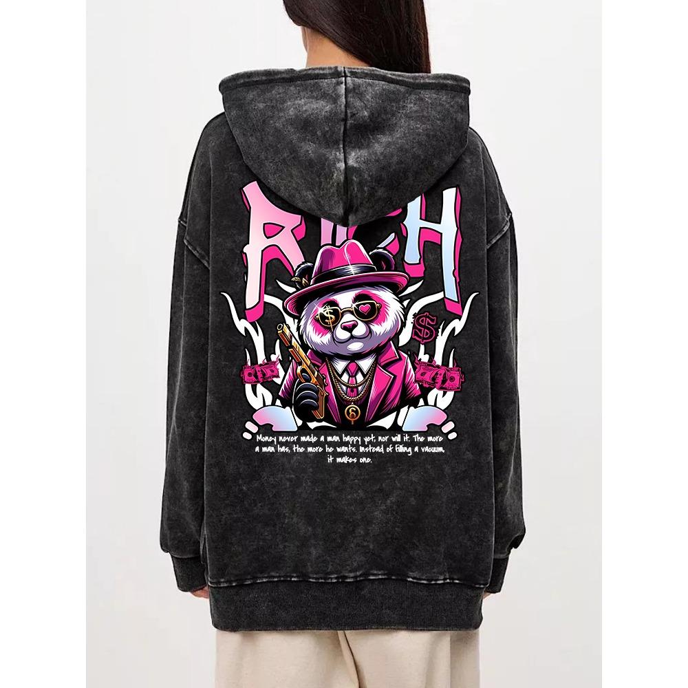 Vintage Womans Acid Wash Hoodies Rich Cartoons Panda Printing Pullovers Pocket Oversize Cotton Hooded Clothes