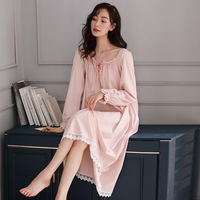 Nightgown Women'S Spring And Autumn Pure Cotton Long-Sleeved Court Style Long Knee Loungewear Autumn Cotton Princess Style Loungewear