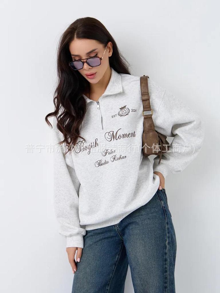 Elegant and Versatile Ins-Style Half-Zip Lapel Sweatshirt for the Trendy Woman